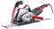 Circular saw with red and black handle on guide rail, suitable for precise cuts in wood or similar materials.