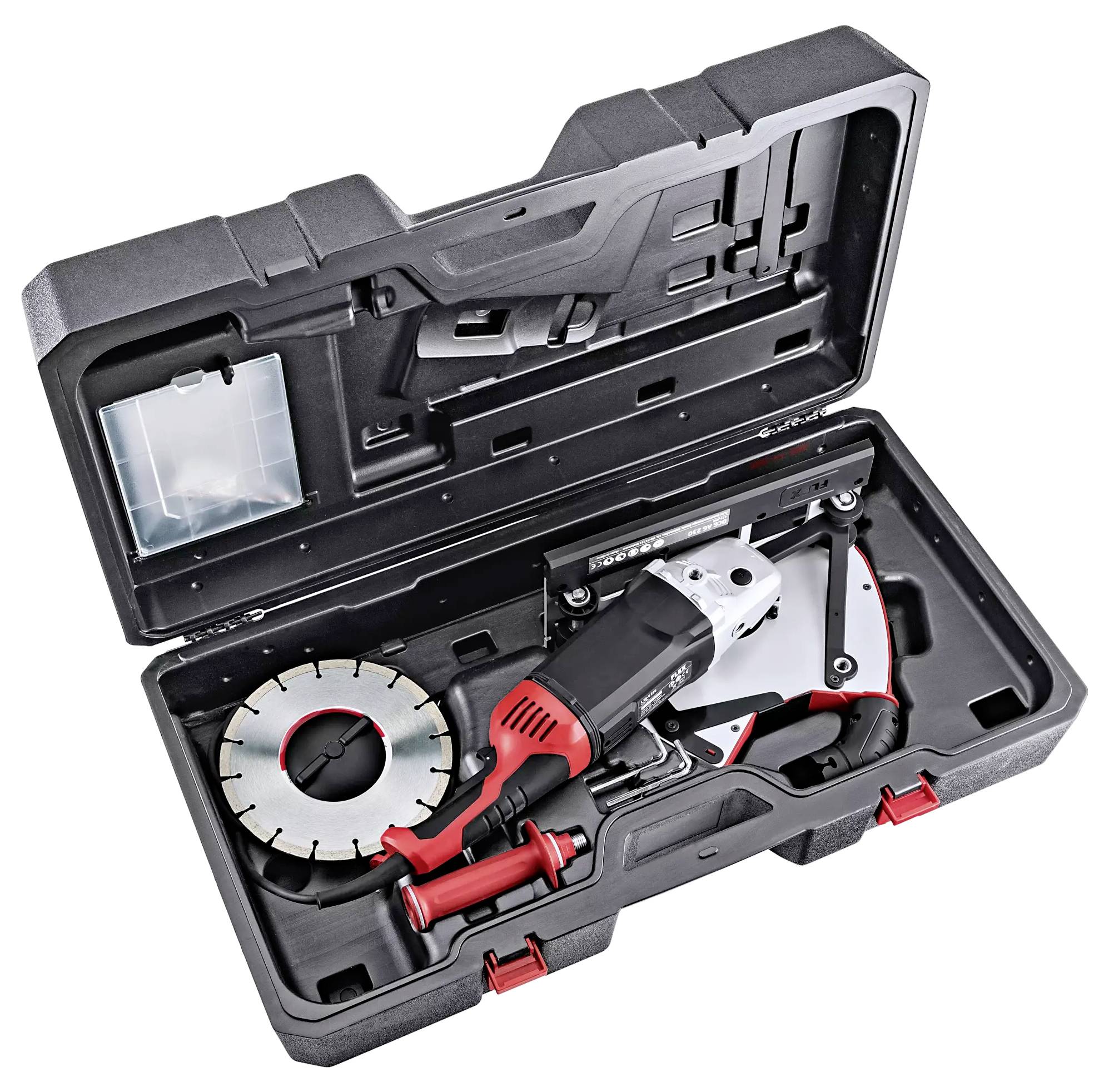 An electric circular hand saw on a guide rail, suitable for precision cuts in wood and other materials.