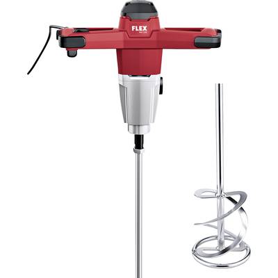 A red hand mixer with a silver mixing spiral, suitable for mixing materials such as paint or mortar.