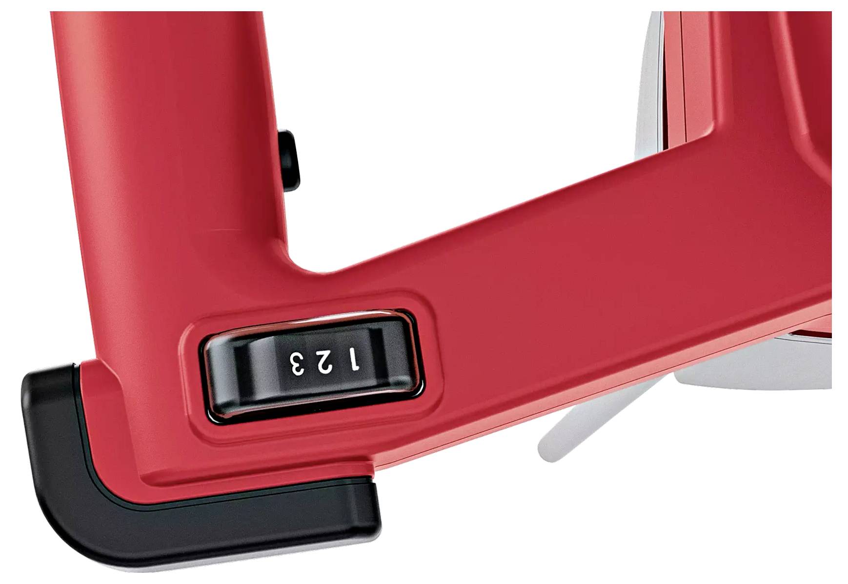 Red bicycle frame with a black combination lock. The combination is set to '1 2 3'.