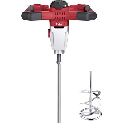 A red electric hand mixer for construction applications with a spiral-shaped mixing paddle on the right. Suitable for mixing materials.
