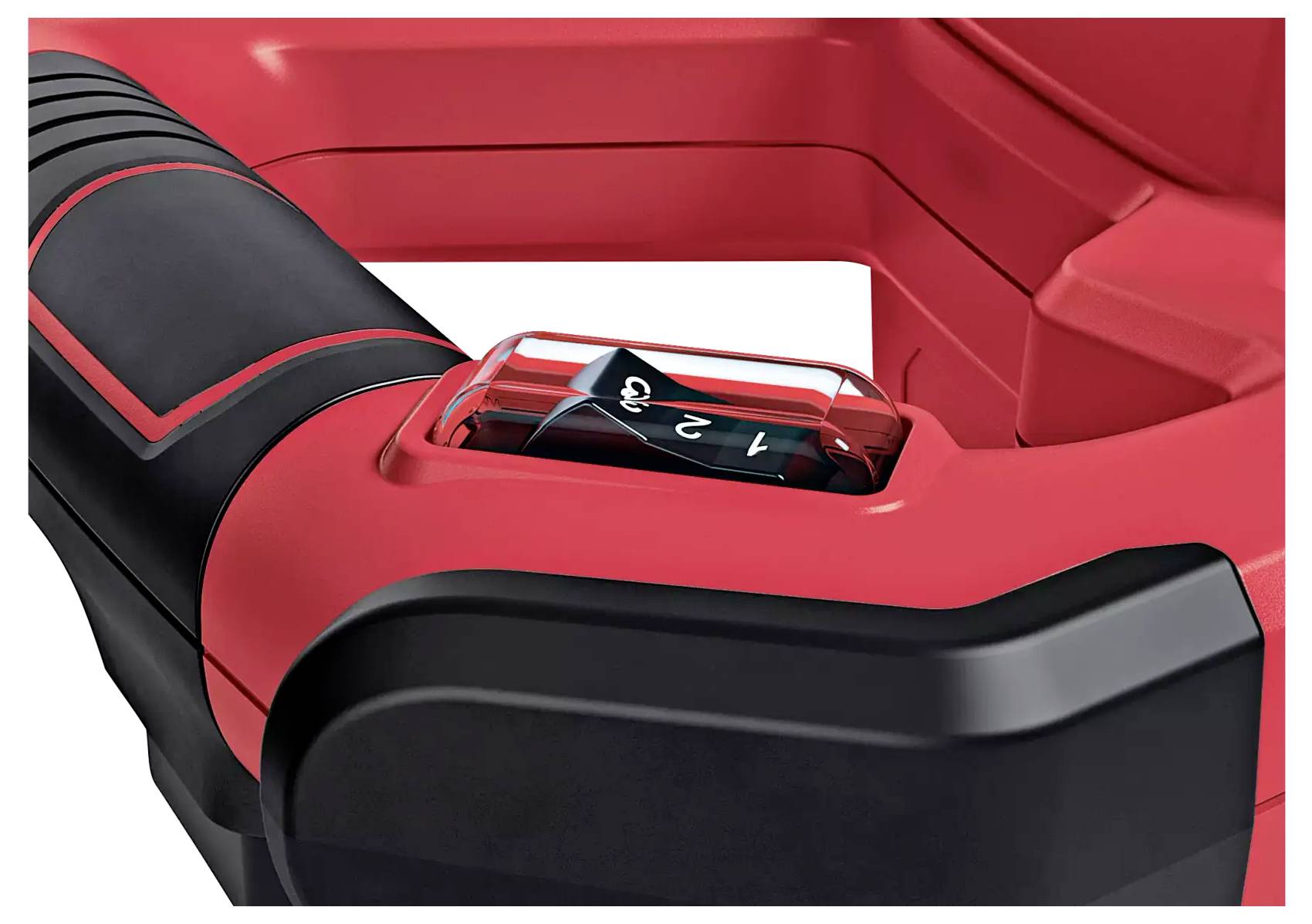 Red handle of a machine with a black dial showing the numbers 1, 2 and 3.