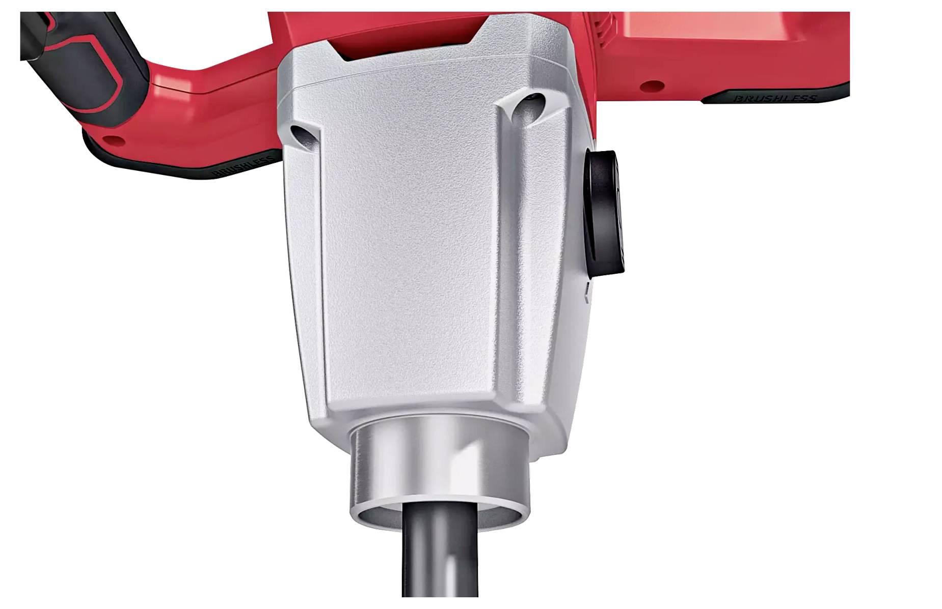 Red and silver drill hammer head with black handle, ready for use.