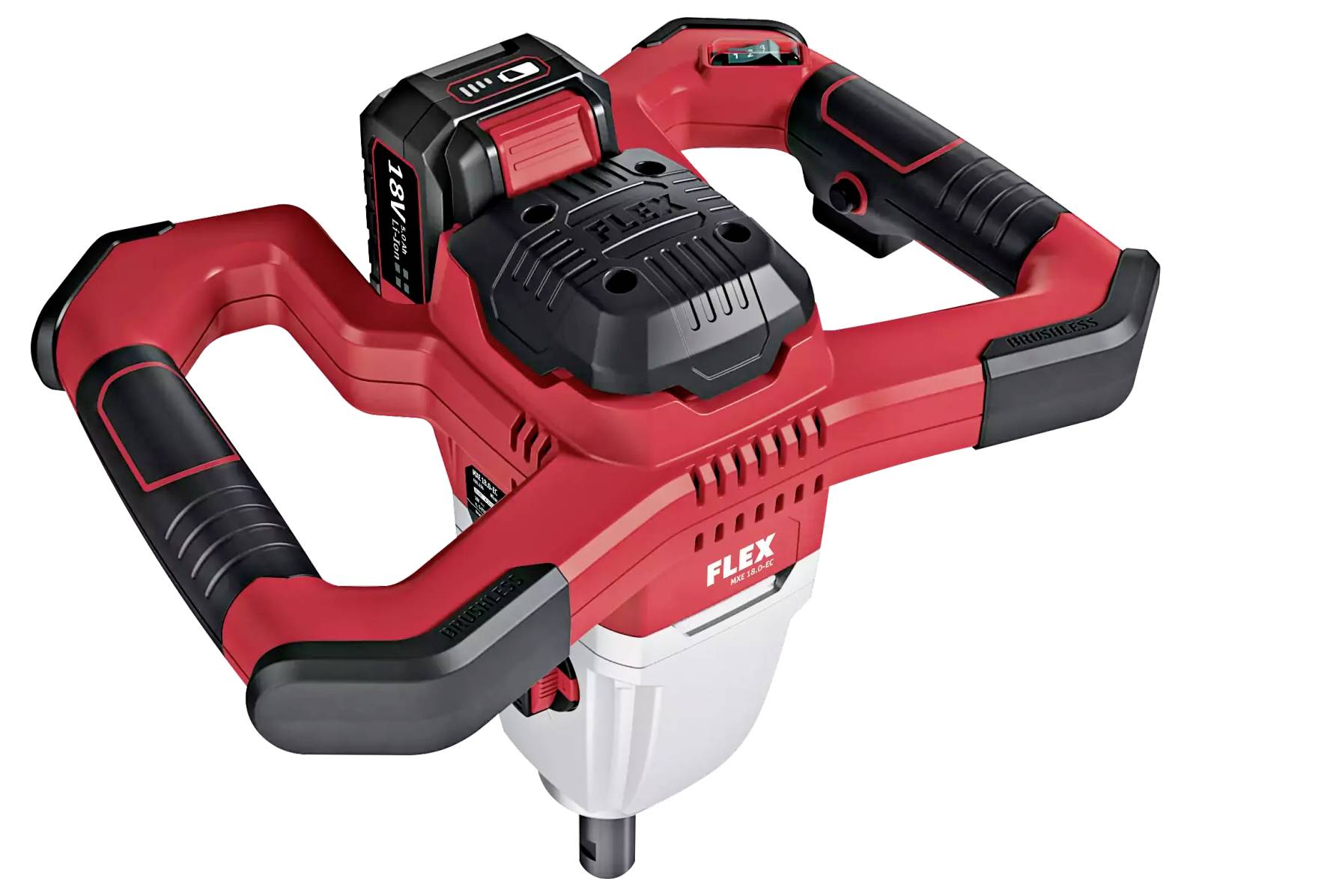 Red hand mixer with two handles and battery, suitable for construction work or heavy mixing tasks. 'FLEX' marking visible.
