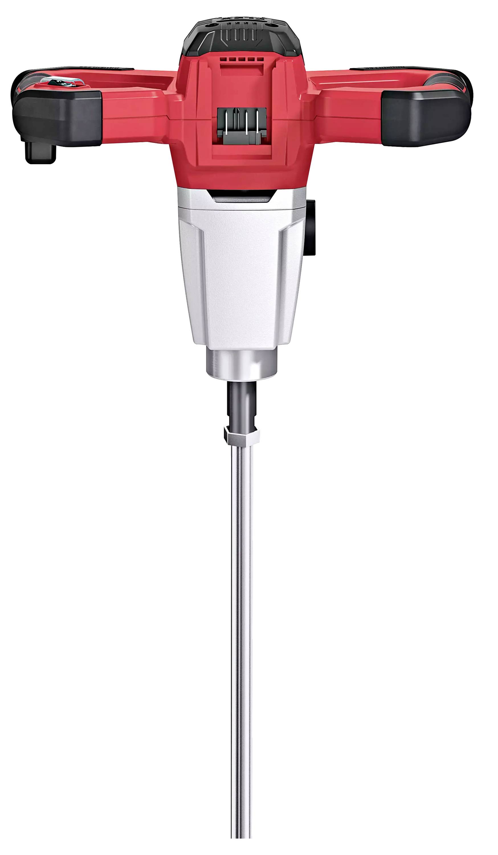 A red electric mixer with two handles and a long mixing paddle, suitable for mixing building materials or paints.