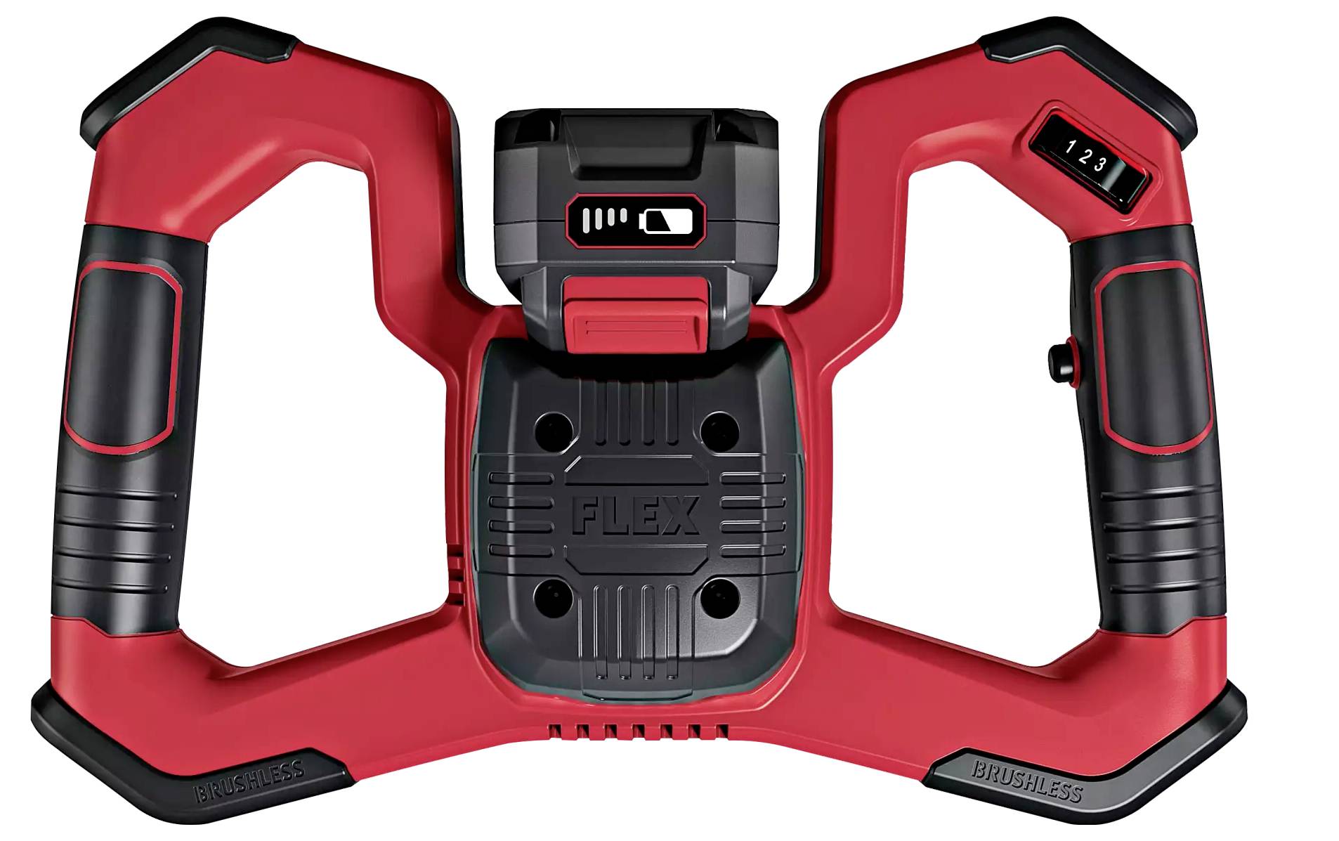 A red and black battery grip for power tools by FLEX, with a battery and a digital display for power adjustment.