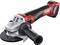 Cordless angle grinder with red and black housing, side handle, and grinding disc. Suitable for metalworking.