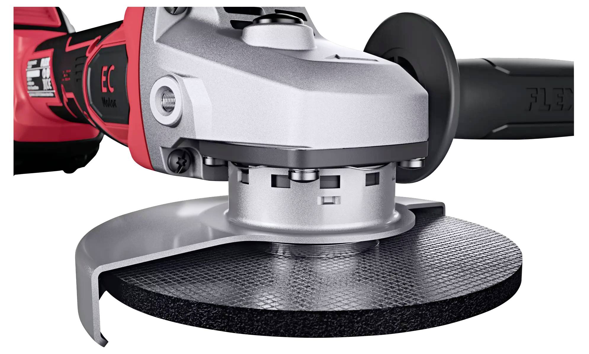 A large angle grinder with a red and black casing and grey disc, suitable for cutting or grinding materials.
