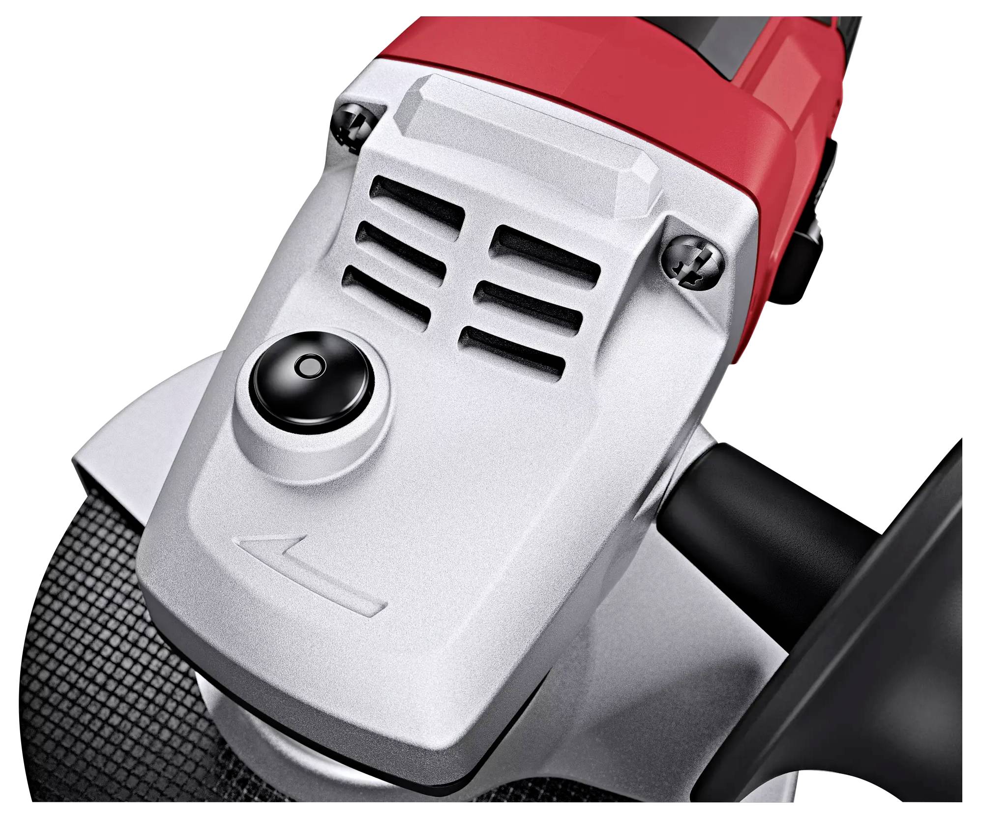 A angle grinder in close-up, showing the upper section with ventilation slots and a black button on a silver housing.