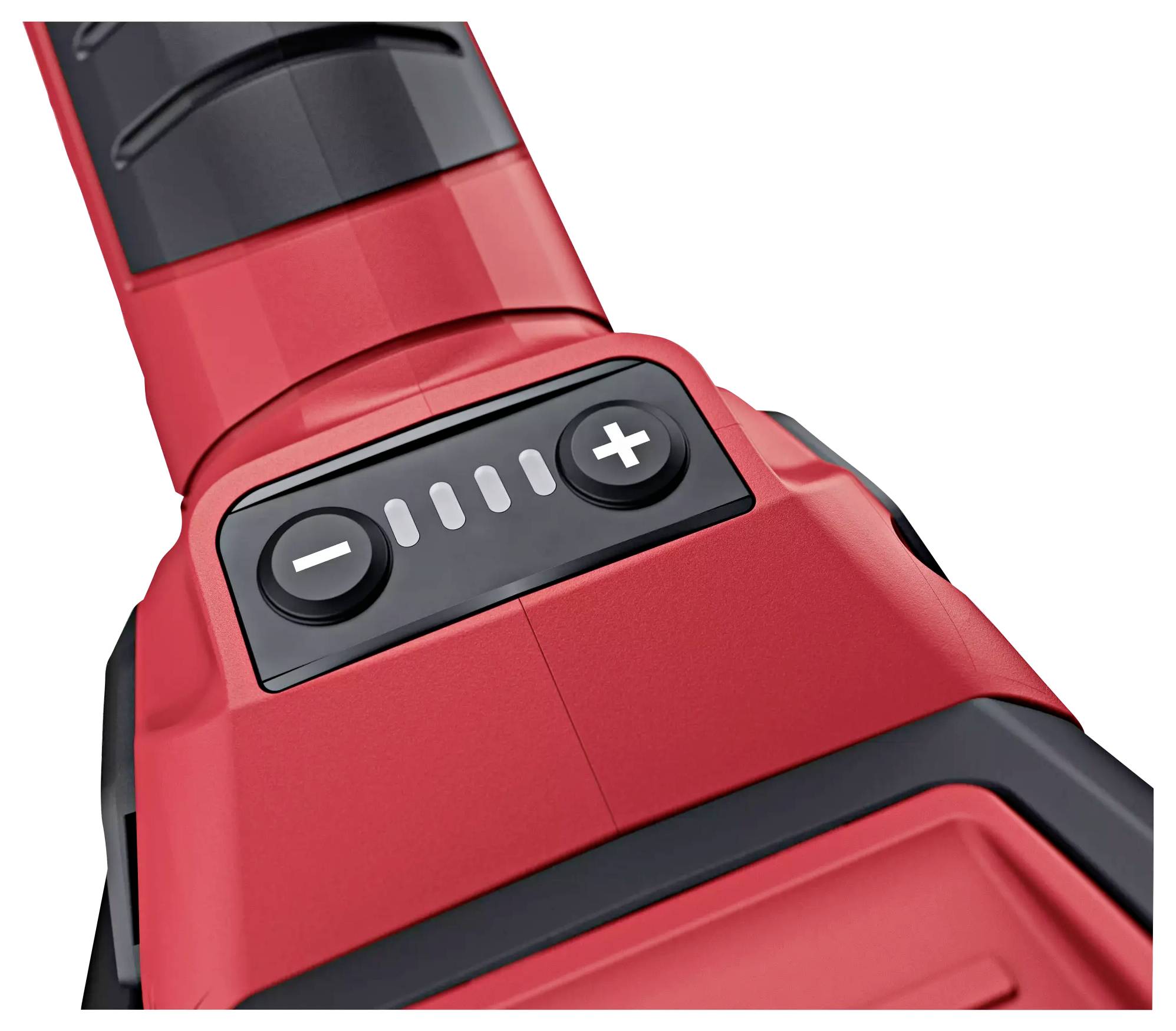 Red electric screwdriver with a close-up of the control panel; shows a sliding switch and plus-minus buttons.