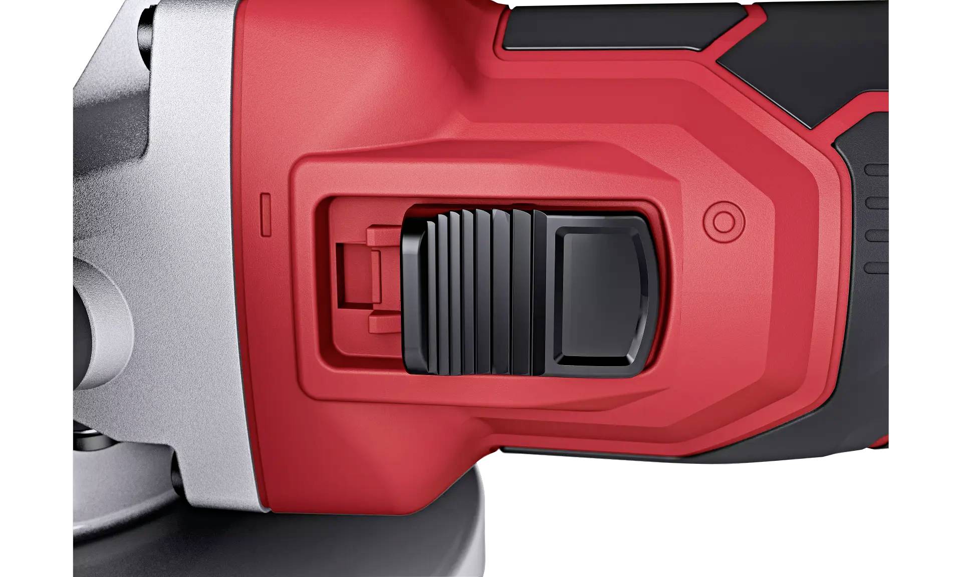Close-up of a red grinding tool with a large black switch, partially silver. Surface treatment device, tool visible.