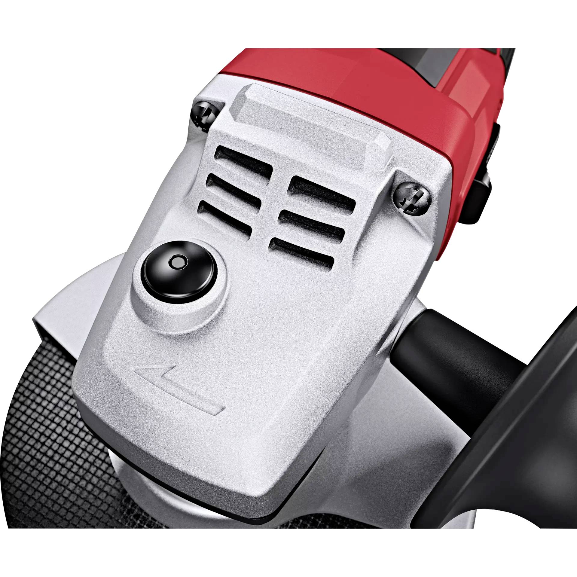Close-up of an electric angle grinder with a red casing and ergonomic handle, suitable for grinding and cutting.