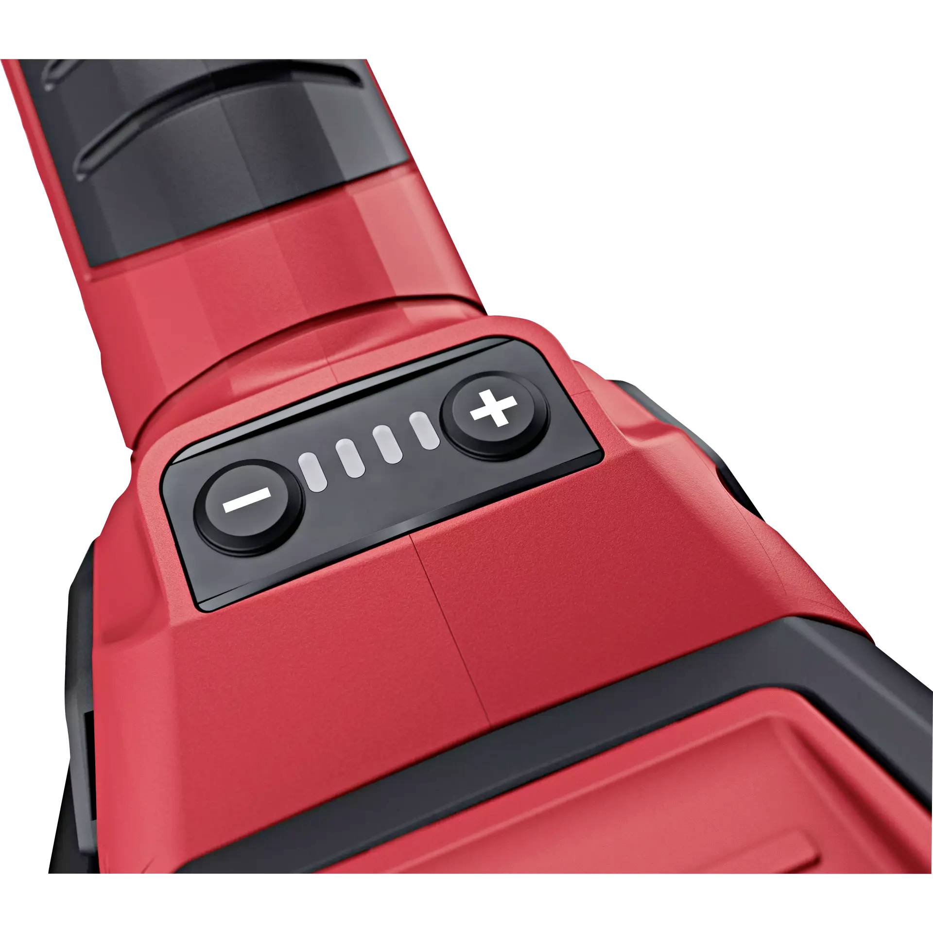 Red tool handle with black control panel featuring plus and minus symbols for control.
