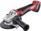 Cordless angle grinder with red and black housing, side handle, and grinding disc. Marked with 'FLEX'.