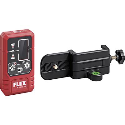 A red remote control sensor and a black clamp with a spirit level. Both tools are designed for precise construction work.