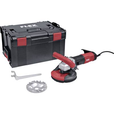 A red and black grinding machine with accessories lies in front of a black tool case.