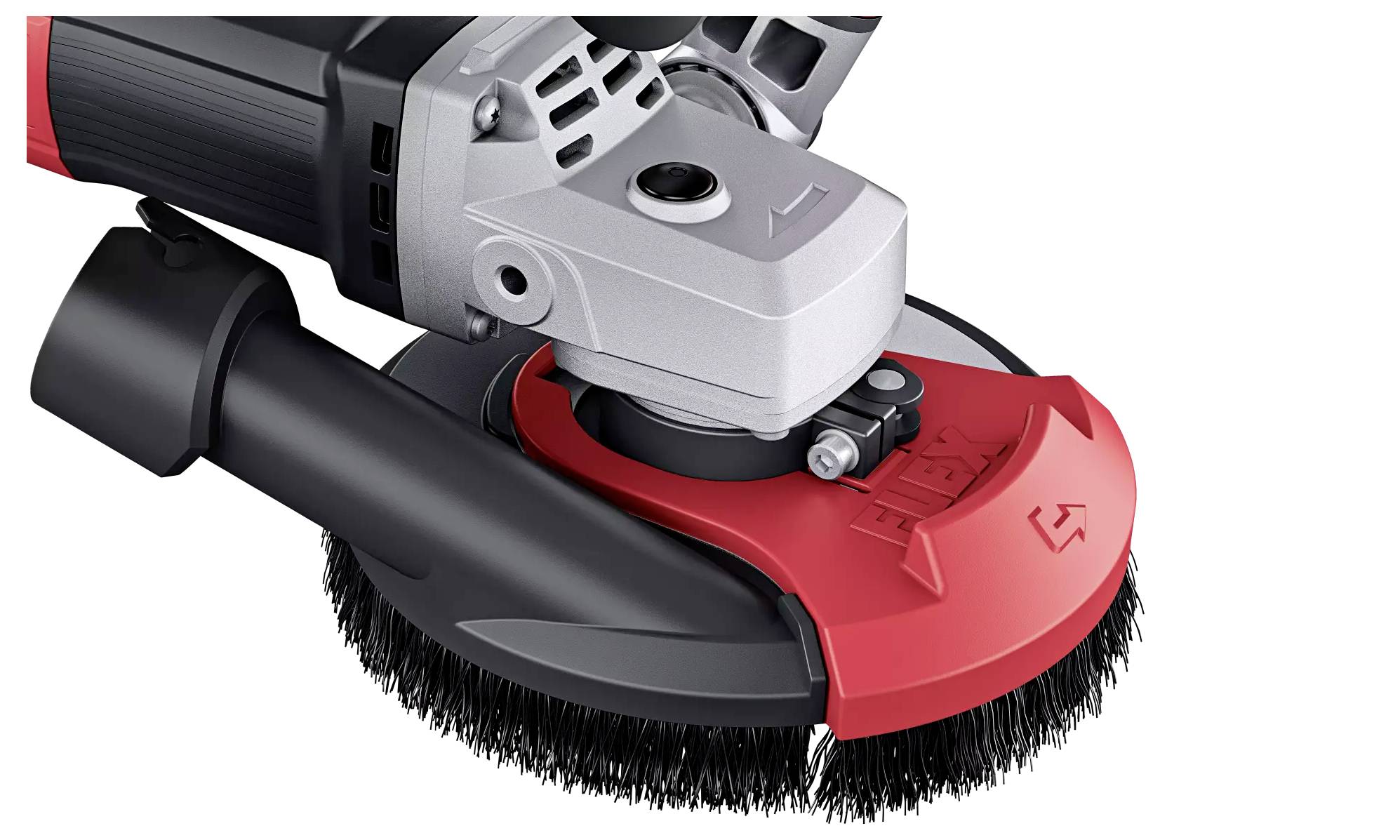 Electric grinding machine with red and black casing and rotating brush head. Standard industrial tool for grinding work.