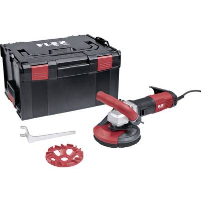 A red and black grinding machine next to a black tool case with a red fastener and an accompanying tool.