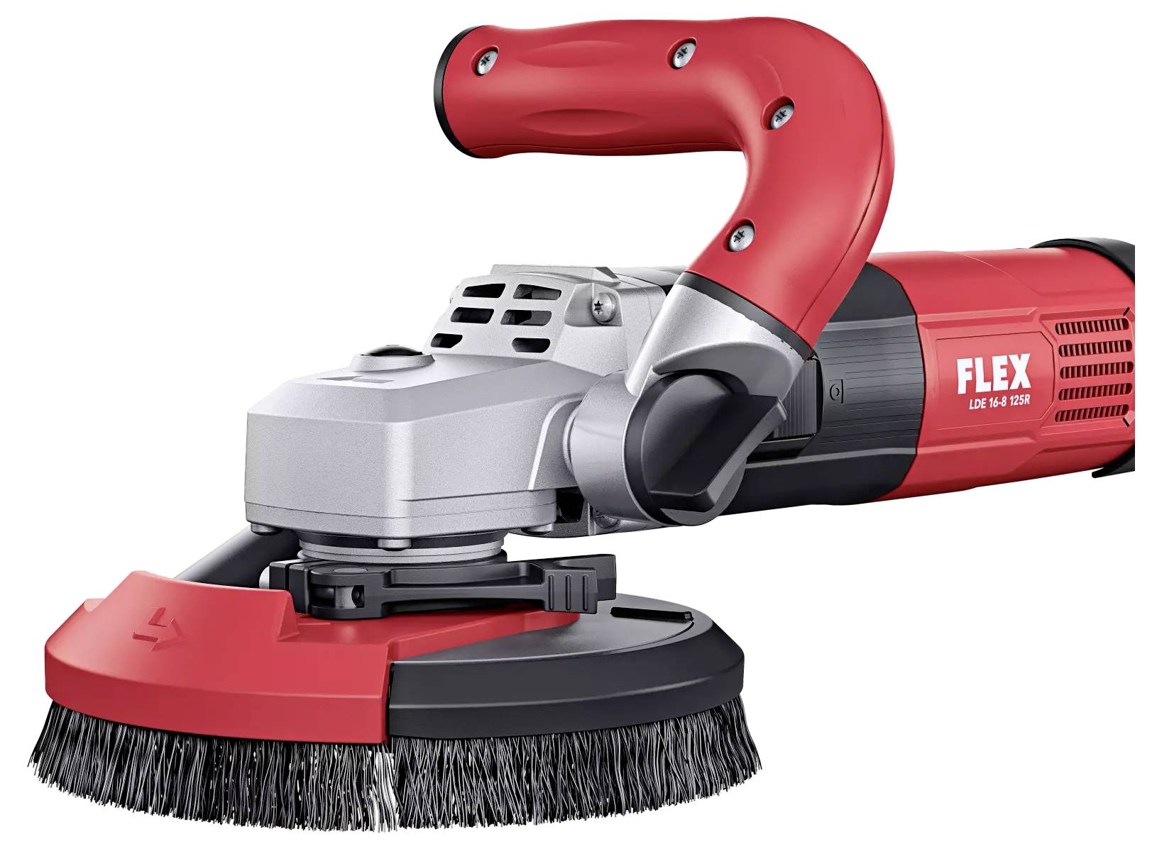 Red angle polisher by FLEX, model L 1506 VR, with grey head and black brush ring. Suitable for surface treatment.