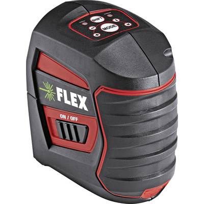 A black and red laser distance measurer with 'FLEX' written on it and an 'ON/OFF' switch.