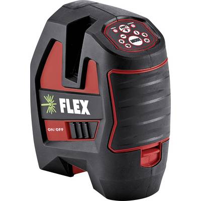 A red and black laser distance measurer by FLEX with an on/off switch and symbols on the front for different modes.