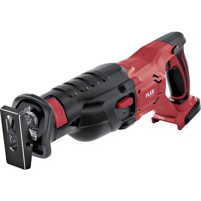 A red and black electric reciprocating saw is positioned at an angle. It has an ergonomic handle and a visible blade.