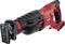 A red and black electric reciprocating saw is positioned at an angle. It has an ergonomic handle and a visible blade.