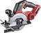 A compact, cordless mini circular saw with a red and grey housing, suitable for precise cuts in construction and DIY projects.