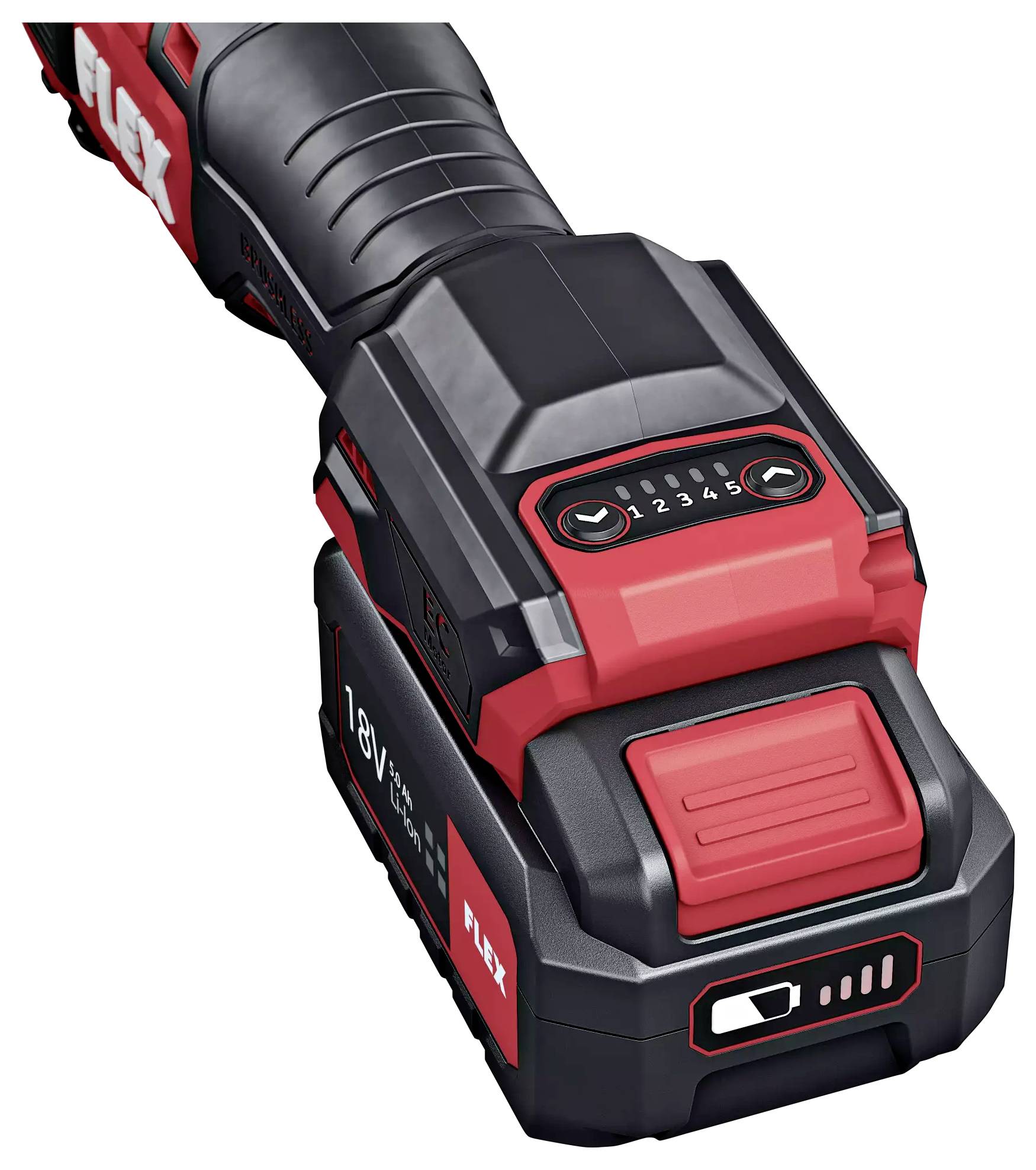 Cordless drill with red and black design, 18V battery and digital display on the top surface.