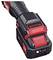 Cordless drill with red and black design, 18V battery and digital display on the top surface.