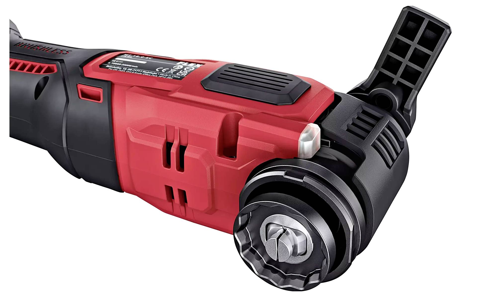 A red and black multi-functional tool with an ergonomic handle and multiple attachments for woodworking and repair tasks.