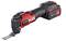 Battery-powered multi-tool by FLEX with a red and black housing, used for sawing and sanding.