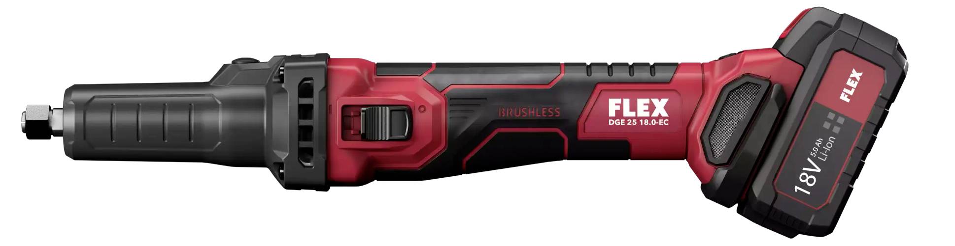 Cordless angle grinder with 18V Flex battery, featuring a red and black design. Side view highlights ergonomic handle.