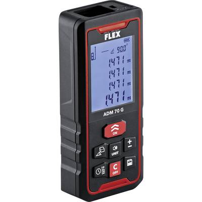 Electronic laser distance meter with display, shows multiple metric values, with red and black buttons for operation.
