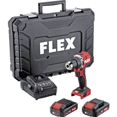 A red Flex cordless drill with charger and two batteries, displayed next to a black transport case with the 'FLEX' logo.