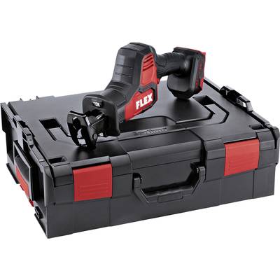 A black toolbox with red accents, with a black and red electric saw bearing the 'FLEX' logo resting on top.