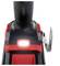 Close-up of an electric power tool with a red and black casing. A bright LED light is situated beneath the handle.