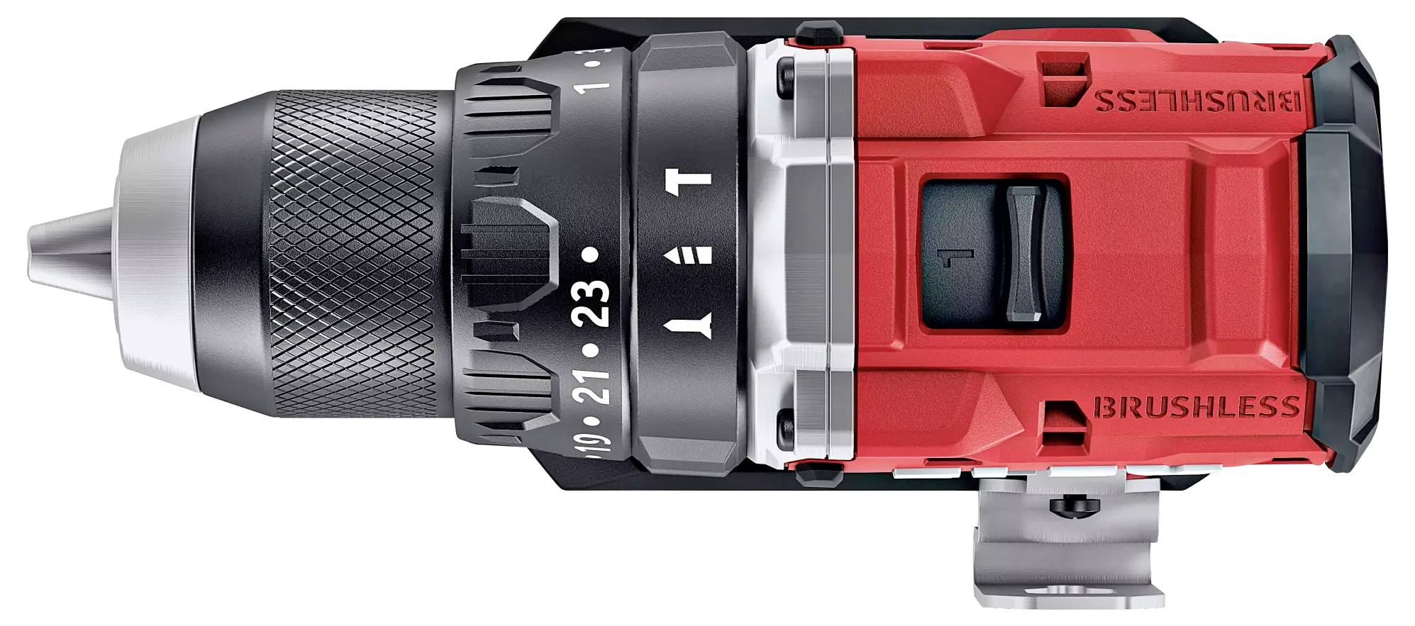 A red, brushless cordless drill lies horizontally, with a black handle and silver chuck, viewed from above.