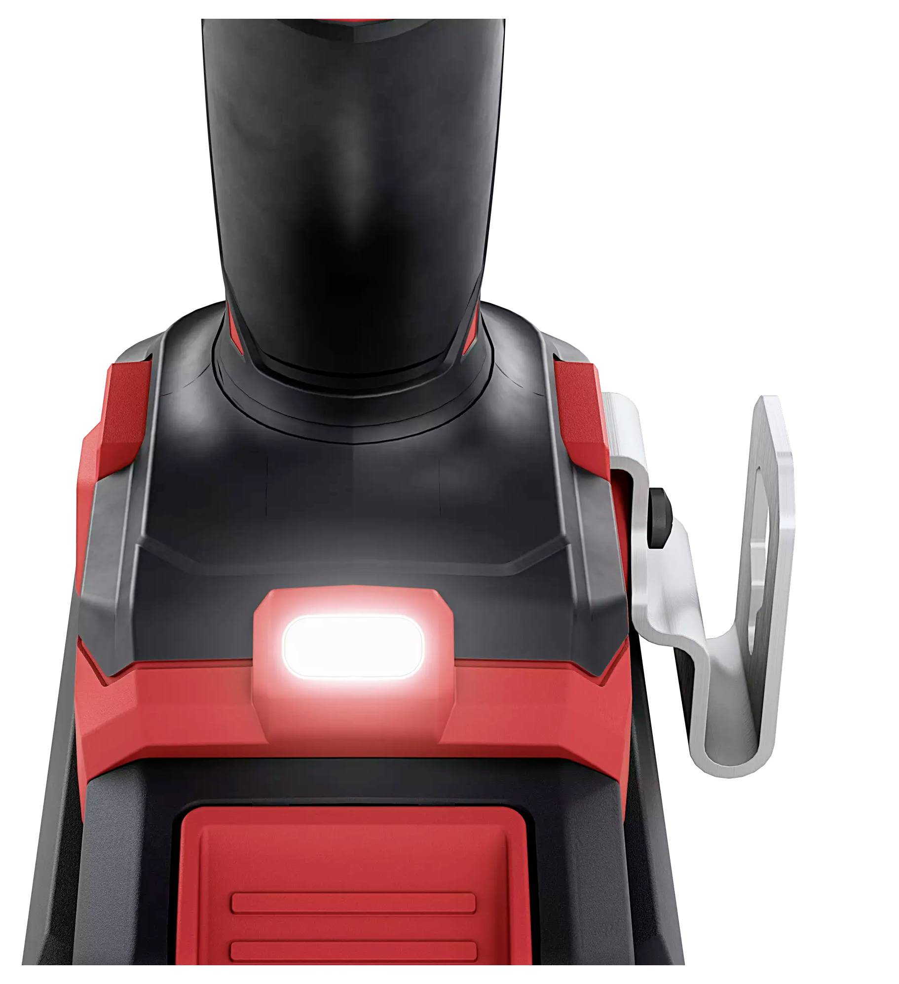 Close-up of a black and red electric power tool with a glowing LED light at the front and a mounting bracket on the side.