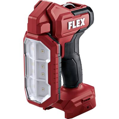 A red LED work lamp with a black handle and six visible LEDs. The brand name 'FLEX' is visible on the top surface.
