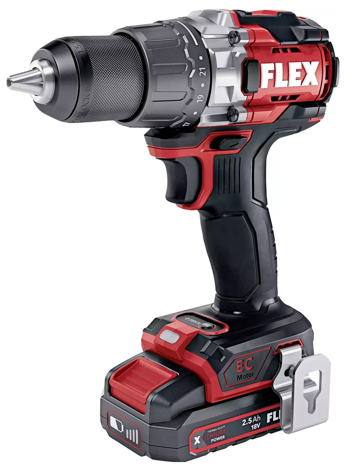 Cordless drill in black and red, brand 'FLEX', with 16V EC motor and 2.5Ah lithium-ion battery. Robust, wireless, ergonomic design.