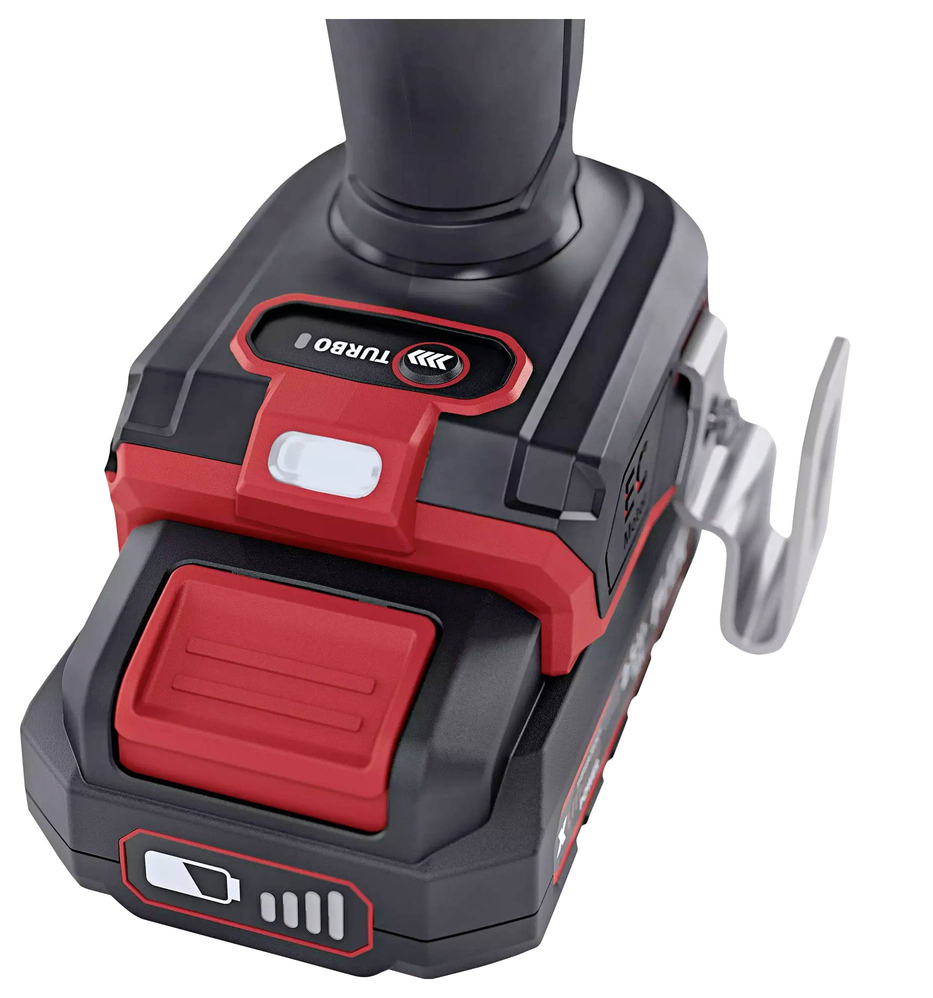 Cordless drill with black and red casing, red turbo button, and charging indicator.