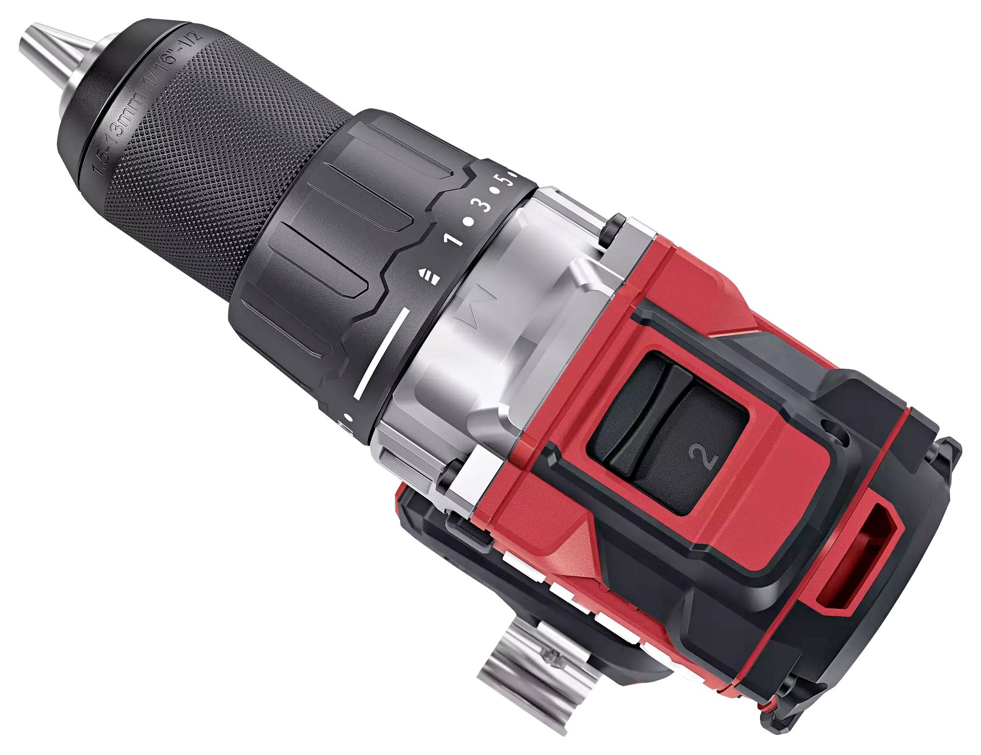 A red and black cordless drill with a robust casing and adjustable chuck, showing two adjustment wheels for different torque settings.