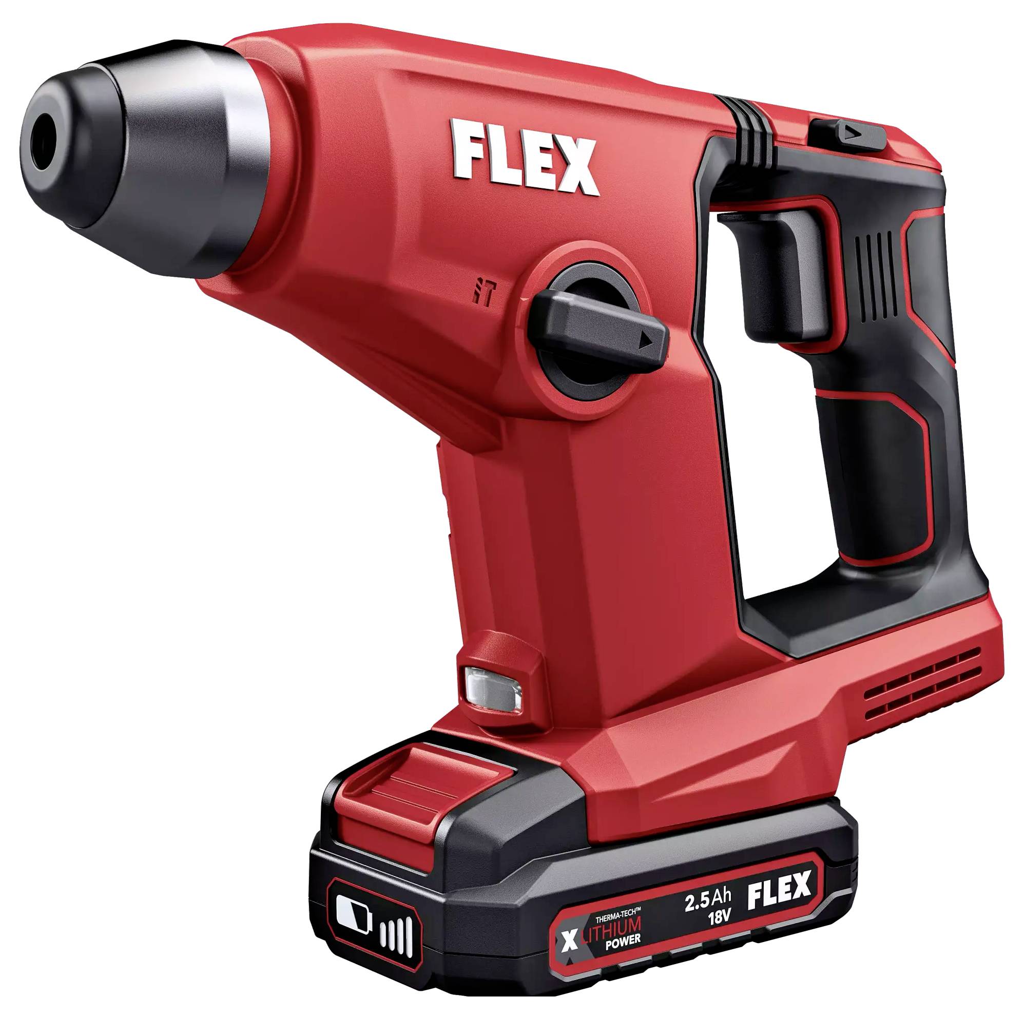 A red, cordless hammer drill by Flex with an ergonomic handle and a 2.5Ah 18V lithium battery.
