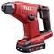 A red, cordless hammer drill by Flex with an ergonomic handle and a 2.5Ah 18V lithium battery.