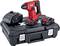 Cordless drill set with red cordless drill, two batteries and charger on a black case. Perfect for DIY tasks.