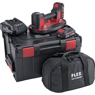 Black toolbox with red handle, cordless screwdriver, battery charger and black bag with the inscription 'FLEX VLP 18 GRABO'.