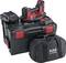 Black toolbox with red handle, cordless screwdriver, battery charger and black bag with the inscription 'FLEX VLP 18 GRABO'.