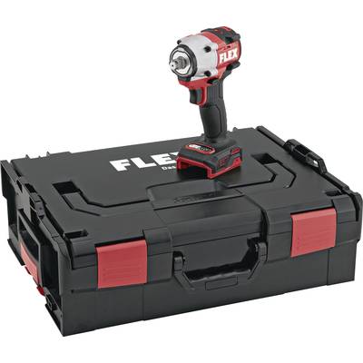 Cordless drill by FLEX brand, standing on a black tool case with red and black design.