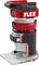 A red, cordless angle grinder with 'FLEX' written on it. It has black handles and a silver body.